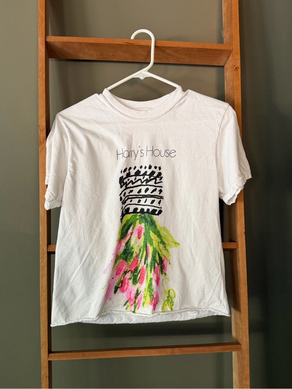 White Harry Styles Harry’s House Graphic Tee with Pink & Green Floral Art